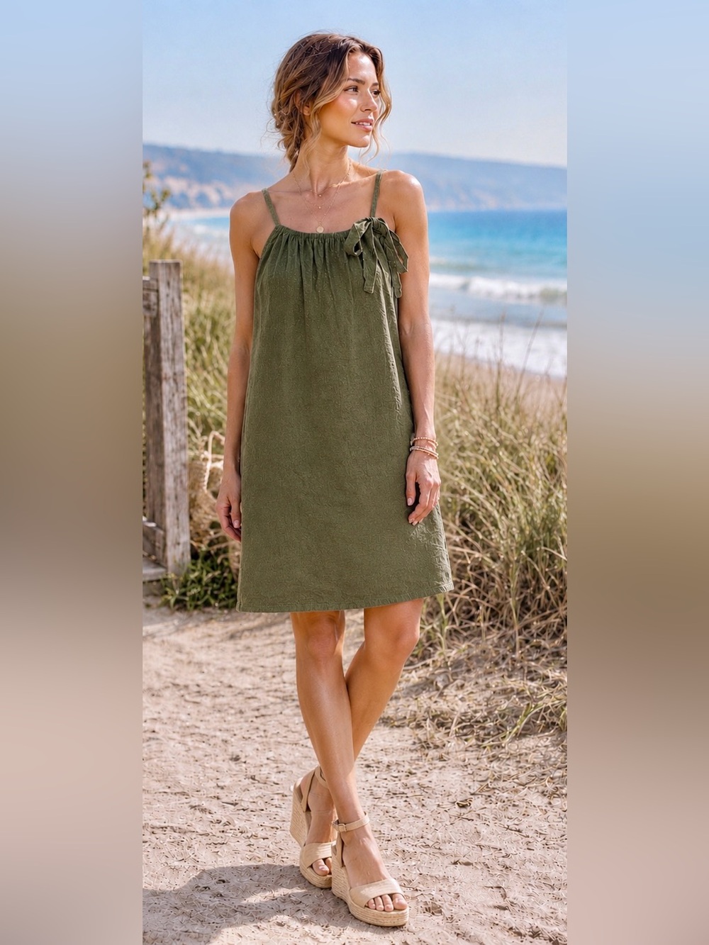 Lungo L’Arno 100% Linen Olive Green Sundress – Italian Made size  L Beach Resort